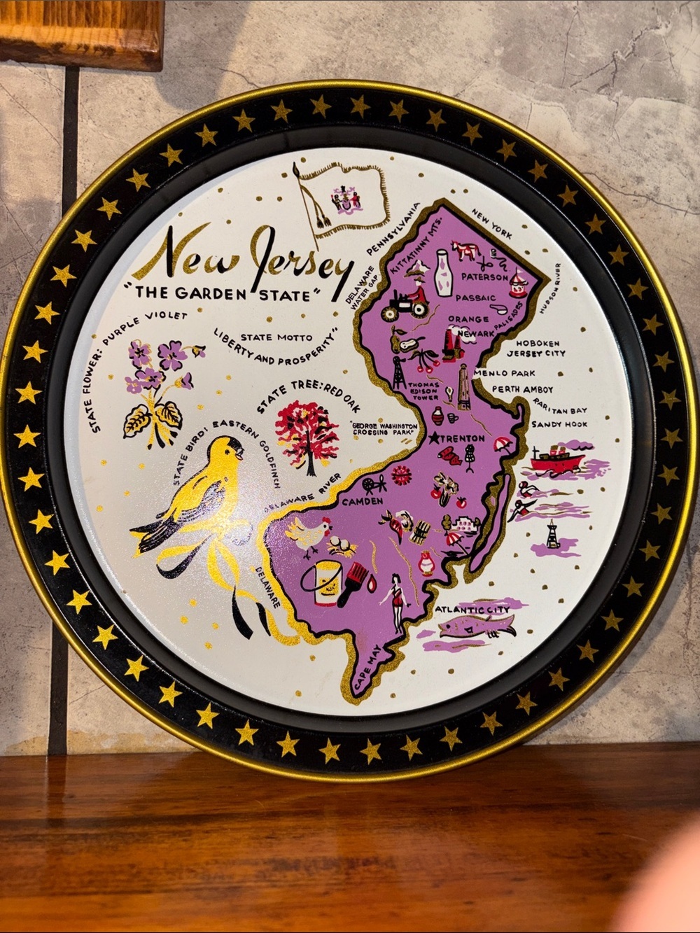 New Jersey Souvenir Decorative Metal Serving Tray Navy Blue & Gold Star Trim